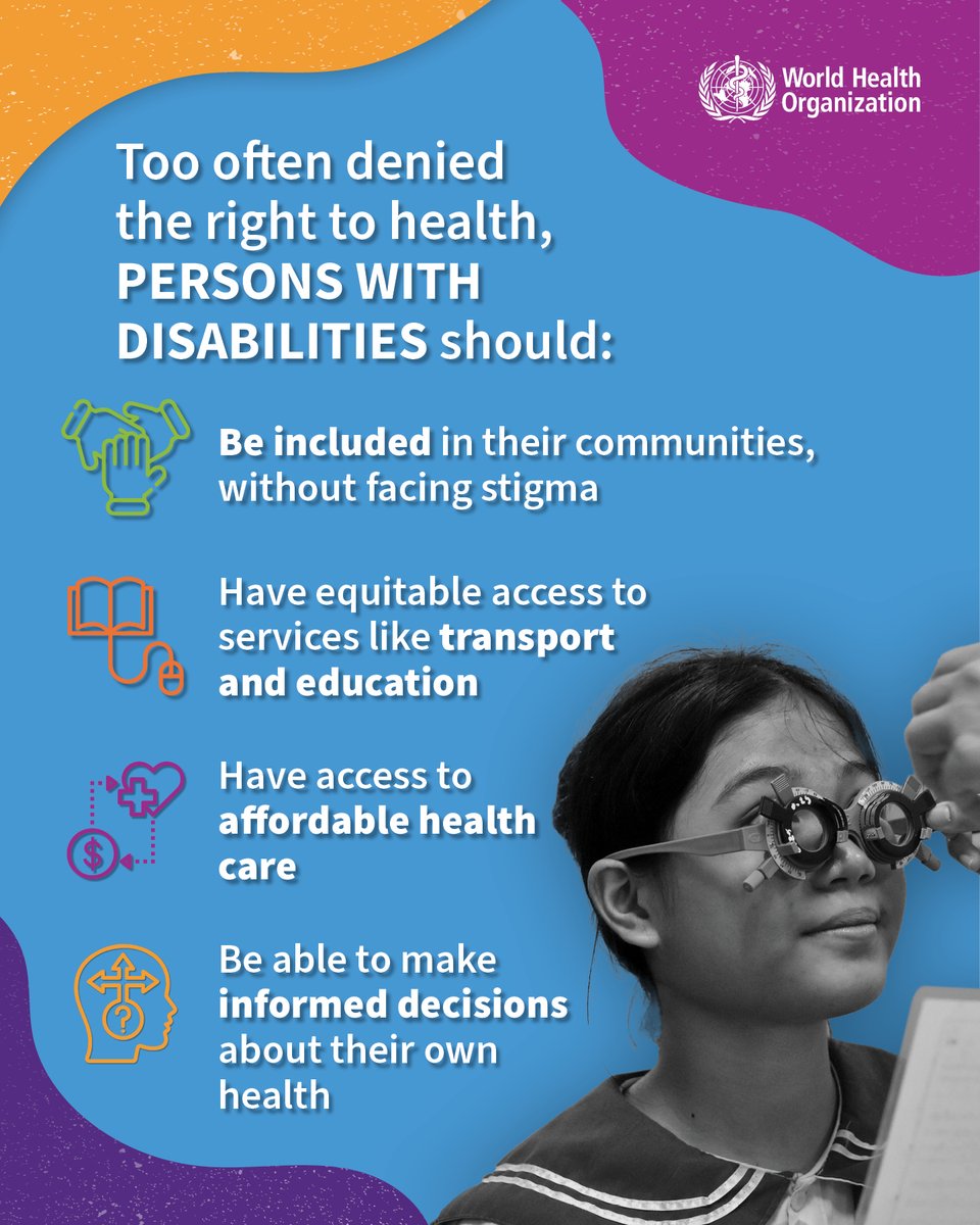Persons with disabilities should: ✅ Be included in their communities. ✅ Have equatible access to services. ✅ Have access to affordable health care. ✅ Be able to make informed decisions about their health. #WorldHealthDay #HealthForAll