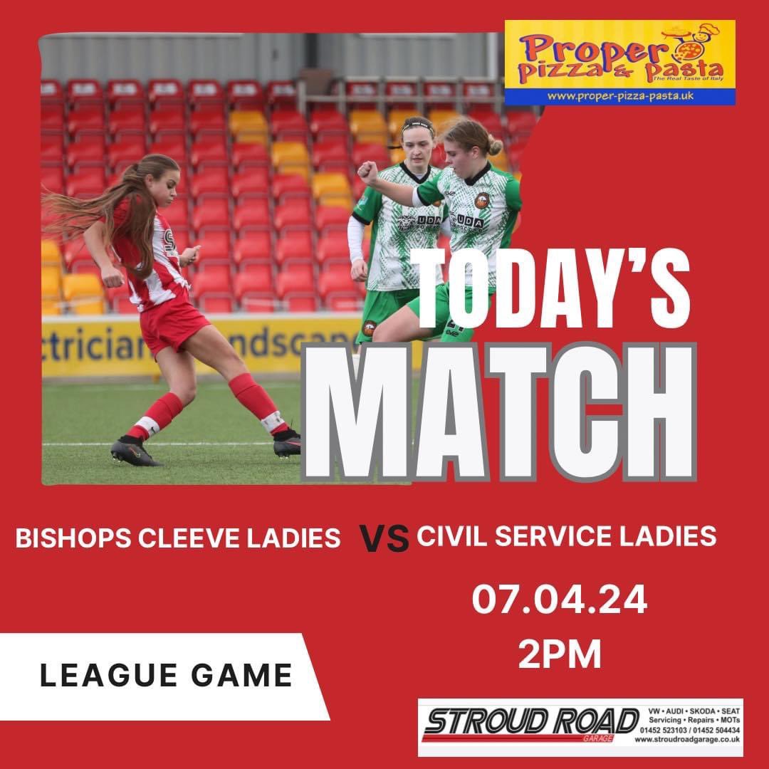 Today the ladies travel up the road to Bishops Cleeve. It’s sure to be a great game so come along and support women’s football. Kayte Lane 2pm ko. Big thanks to our sponsors Proper Pizza and Pasta Cheltenham and Stroud Road Garage #upthecivi ❤️⚽️