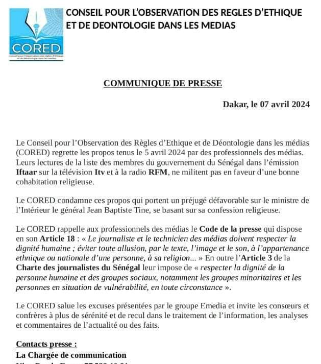 DameTague1's tweet image. 📌 Sorties Maladroites de #ITV et #RFM sur Le Gouvernement de Ousmane SONKO, #CORED Condamne et Met en Garde 🇸🇳🙏