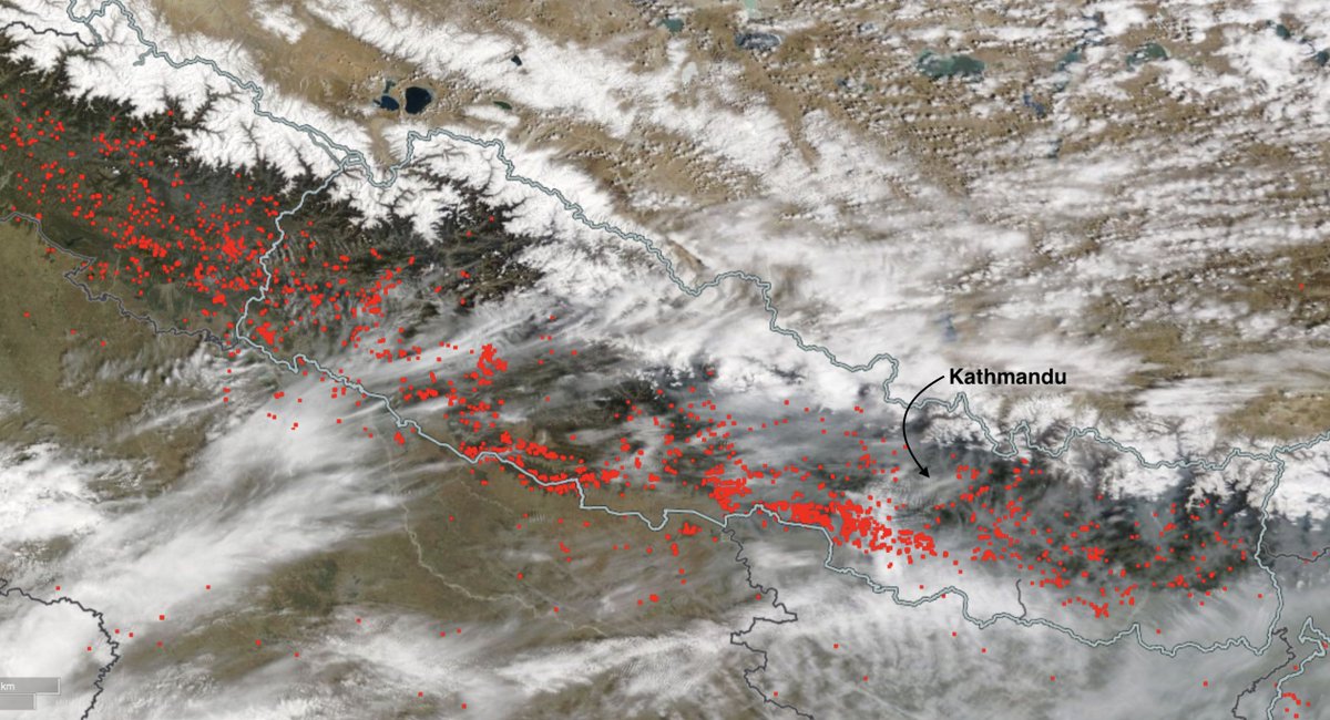 Thousands of wildfires fanned by afternoon wind in #Nepal seen in this NASA FIRMS infrared satellite imagery overlaid with current weather. Kathmandu PM2.5 #AQI now is 380 #AirPollution #aqicn