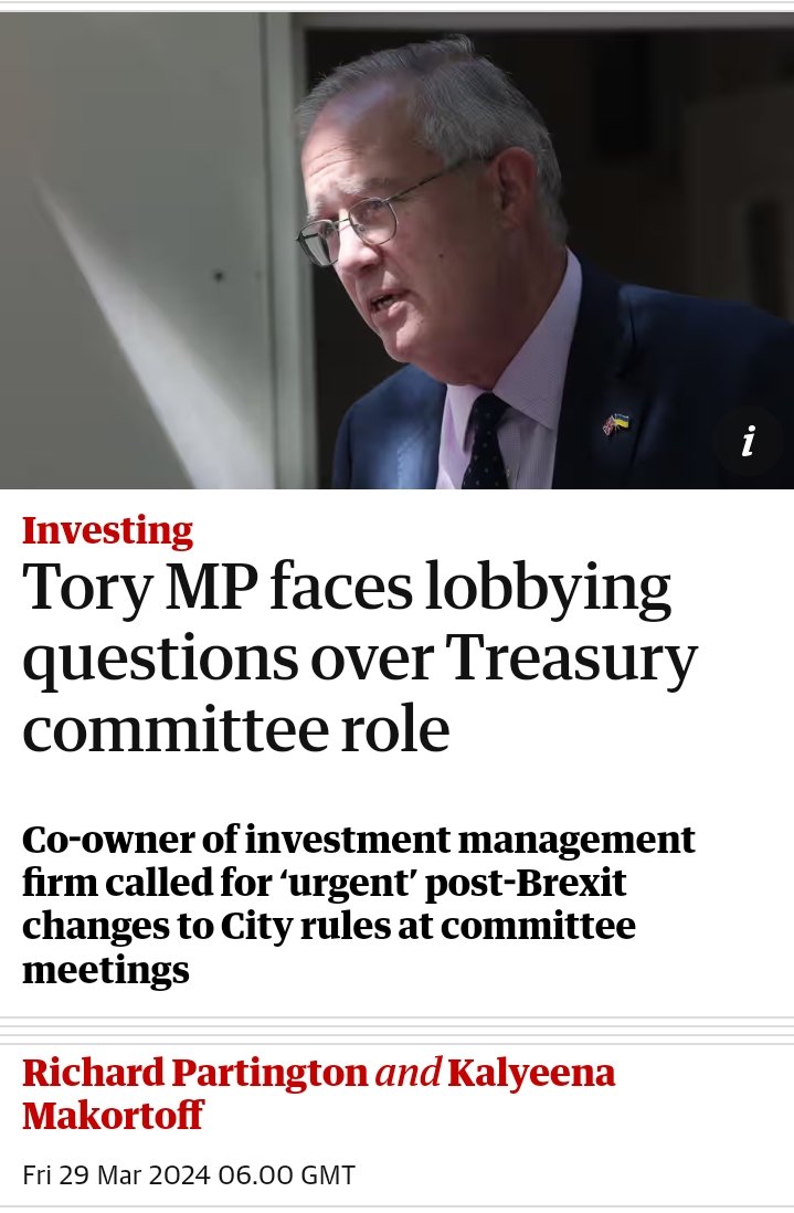 Yet more #ToryCorruption Tory MP John Baron is facing questions over whether he used his Commons Treasury committee role to lobby for post-Brexit changes to City rules, which stand to benefit the industry where he has a second job theguardian.com/business/2024/…