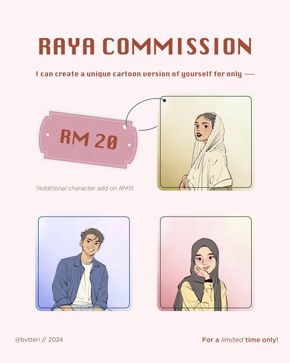 hii my raya commissions are officially open. ✦ limited slots for this promo with first come, first served basis ✦ — ꔛ if anyone want to give me “duit raya” can hmu for further inquiries. 💌 RTs are highly appreciated! tenkiuu ♡̆̈