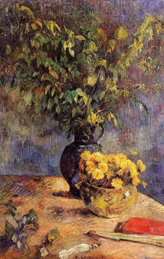 Paul Gauguin -  (1848 -1903)  Two vases of flowers and a fan, 1885.#VentagliDiParole #art 🏳️‍🌈