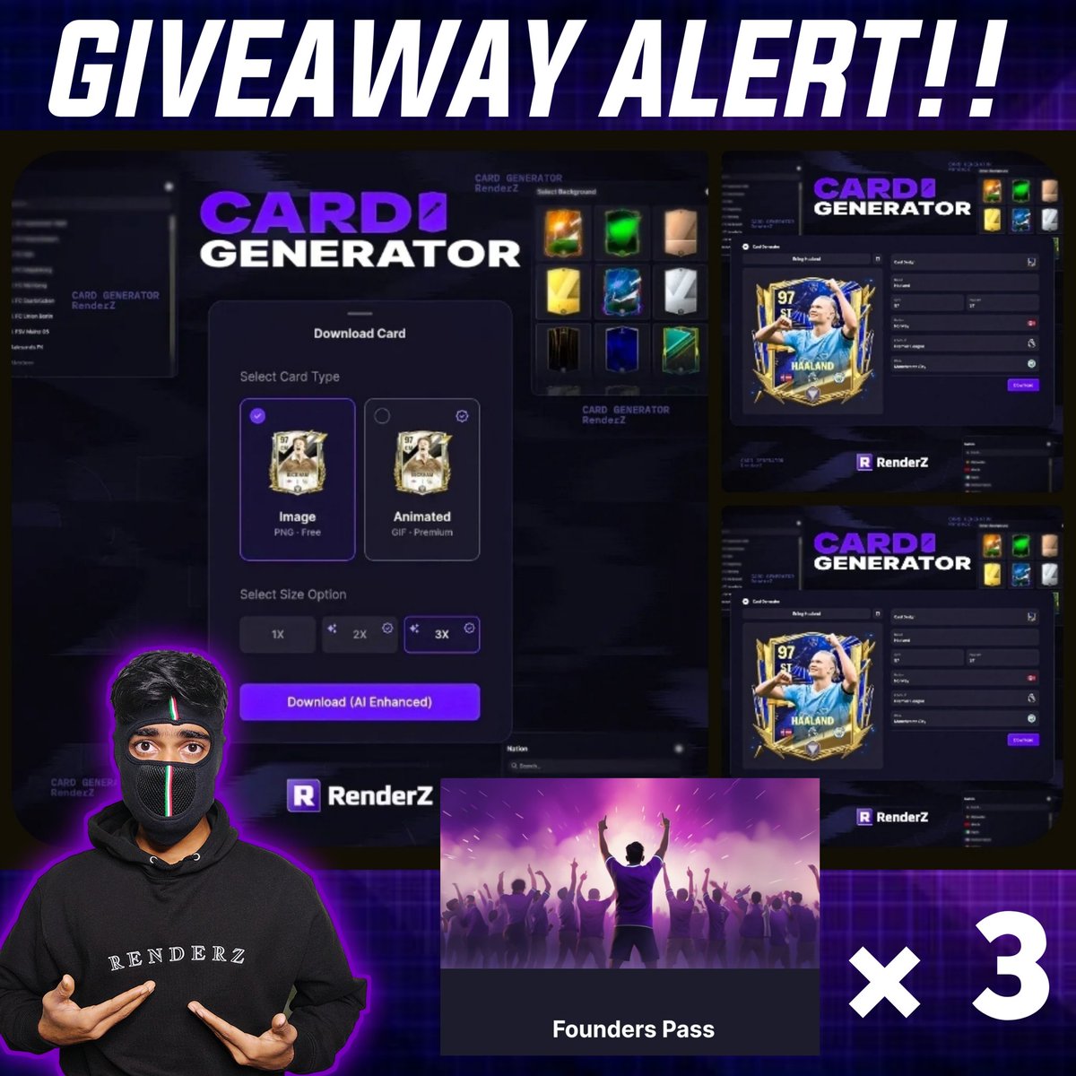 3x RenderZ '1 Year' Premium Founders Pass Giveaway Follow @MysterioDeYT & @fifarenderz Retweet 🔁 Drop your own customised Card in Comments renderz.app/24/card-genera… 3 Random Unique Cards will be selected as Winners on 10th April, Good luck everyone