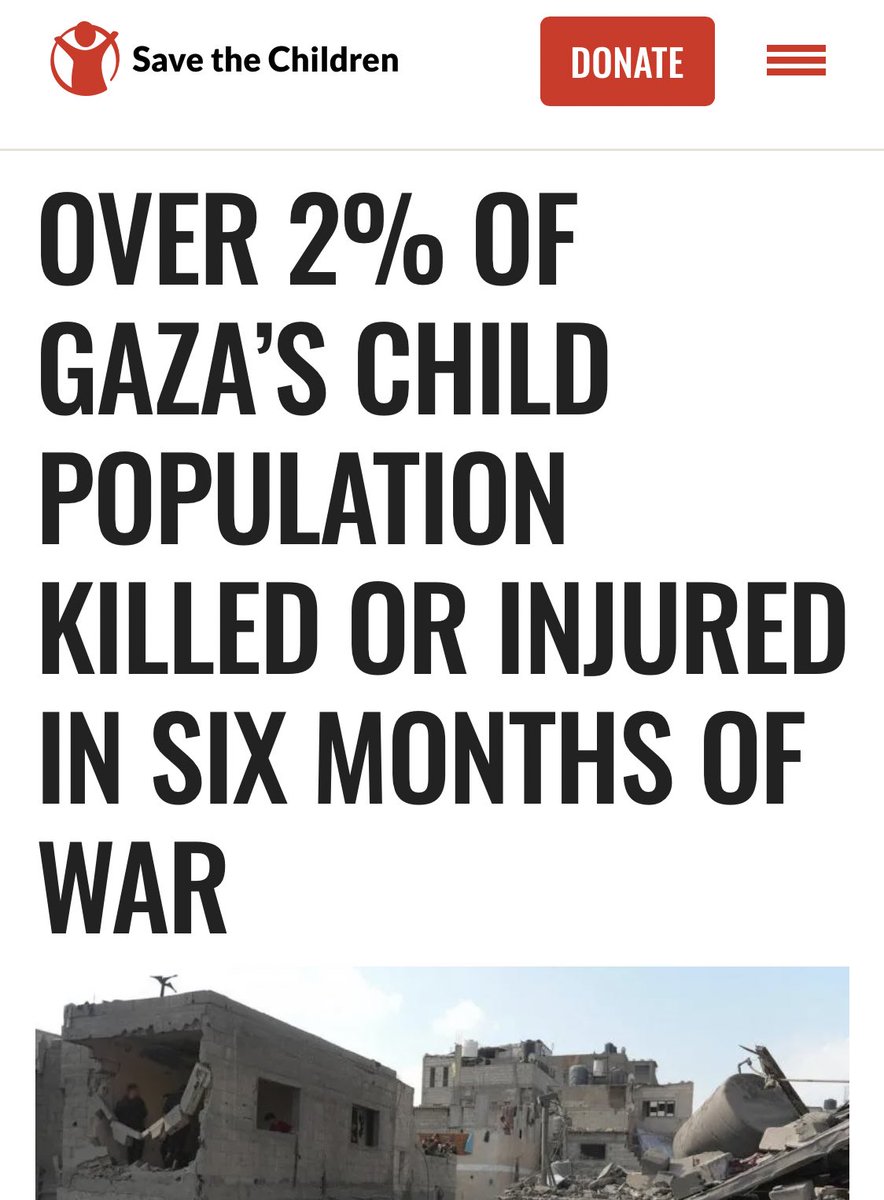 Israel har dödat eller skadat 26 000 barn i Gaza under ett halvår av krig, enligt Rädda Barnen. Motsvarar över 2% av invånarna. Över 75 dödade barn varje dygn. 90% av skolorna har skadats eller förstörts. 30 av 36 sjukhus har bombats. savethechildren.net/news/over-2-ga…
