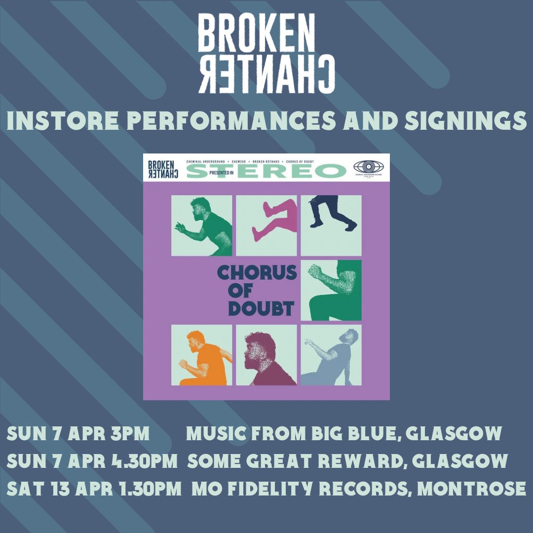 Some @BrokenChanter instore performances and signings coming up, where you can watch David and Charlotte play a few songs from the new LP and also scribble on them, if that’s your thing. Starting in Glasgow THIS AFTERNOON at @musicbigblue and @SGR_RecordCafe.