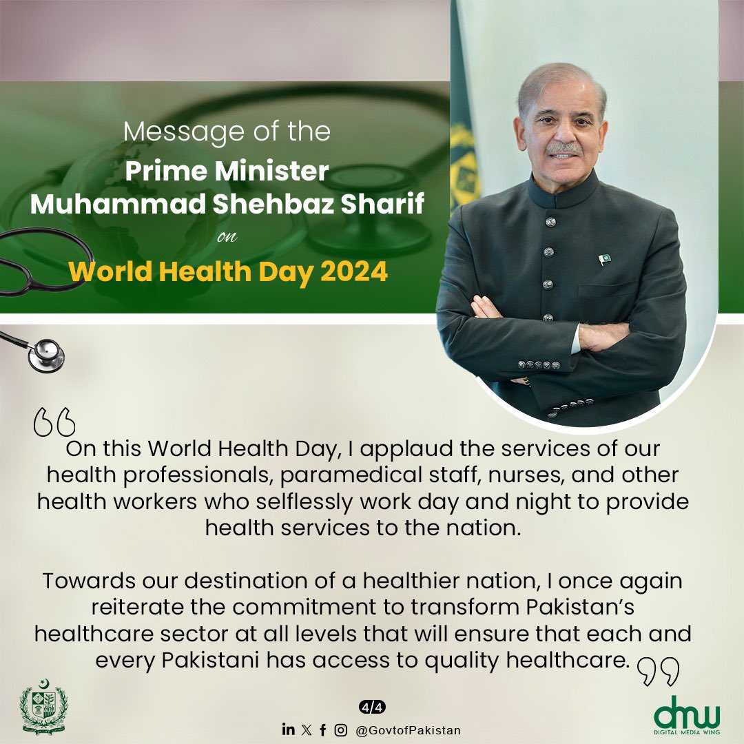 Message of the Prime Minister Muhammad Shehbaz Sharif on #WorldHealthDay 2024