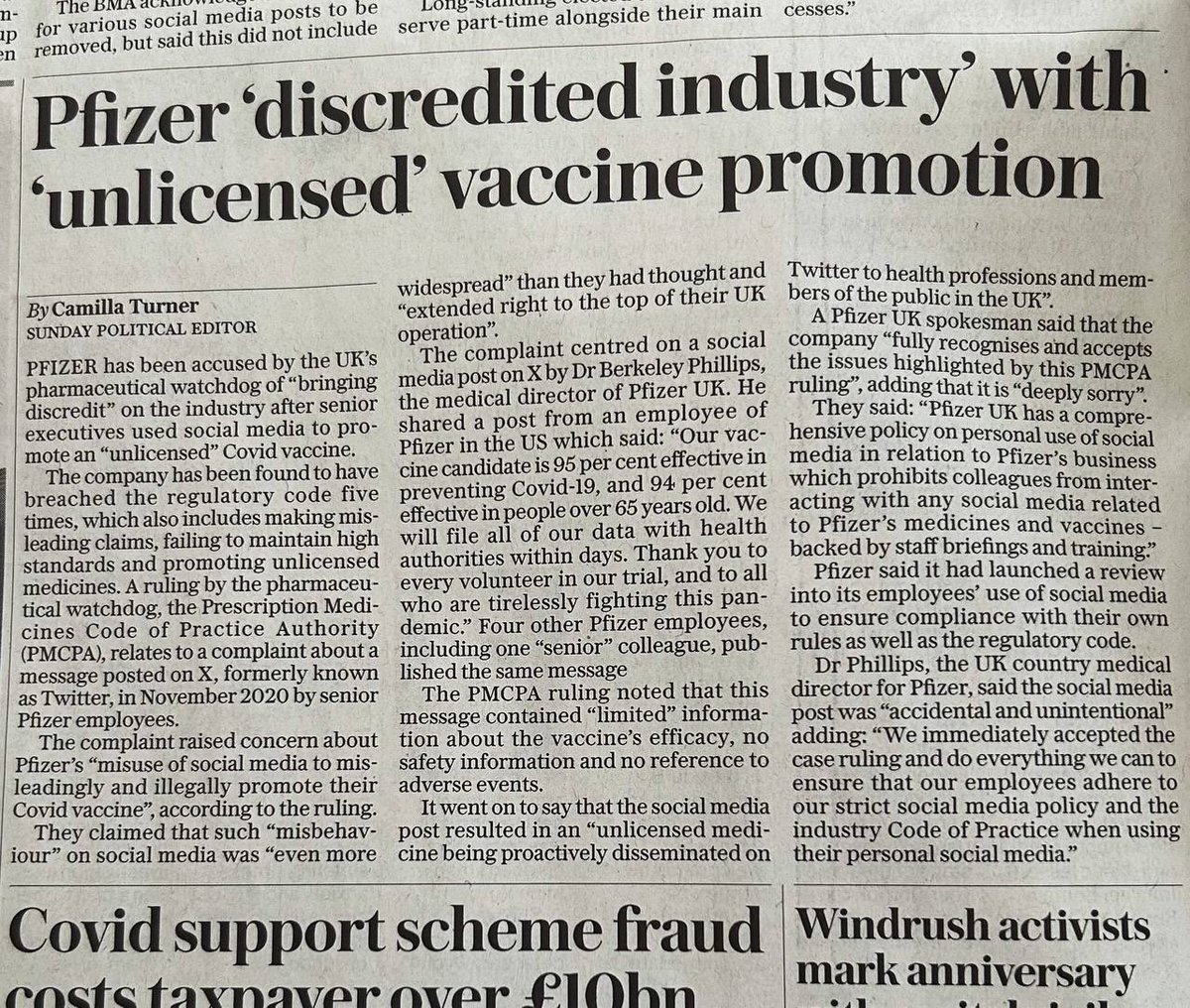 In 2020, Pfizer misleadingly and illegally promoted an unlicensed vaccine 'Our vaccine candidate is 95% effective in preventing Covid-19, and 94% in people over 65yo” 'Limited' information about the vaccine's efficacy, no safety information and no reference to adverse events