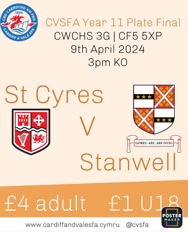 Its finals time. This week it’s @stcyrespe and @StanwellPE in the Year 11 plate final. ⏰ 3pm ko 🏫 Cardiff West CHS ⚽️🏆🥇🥈
