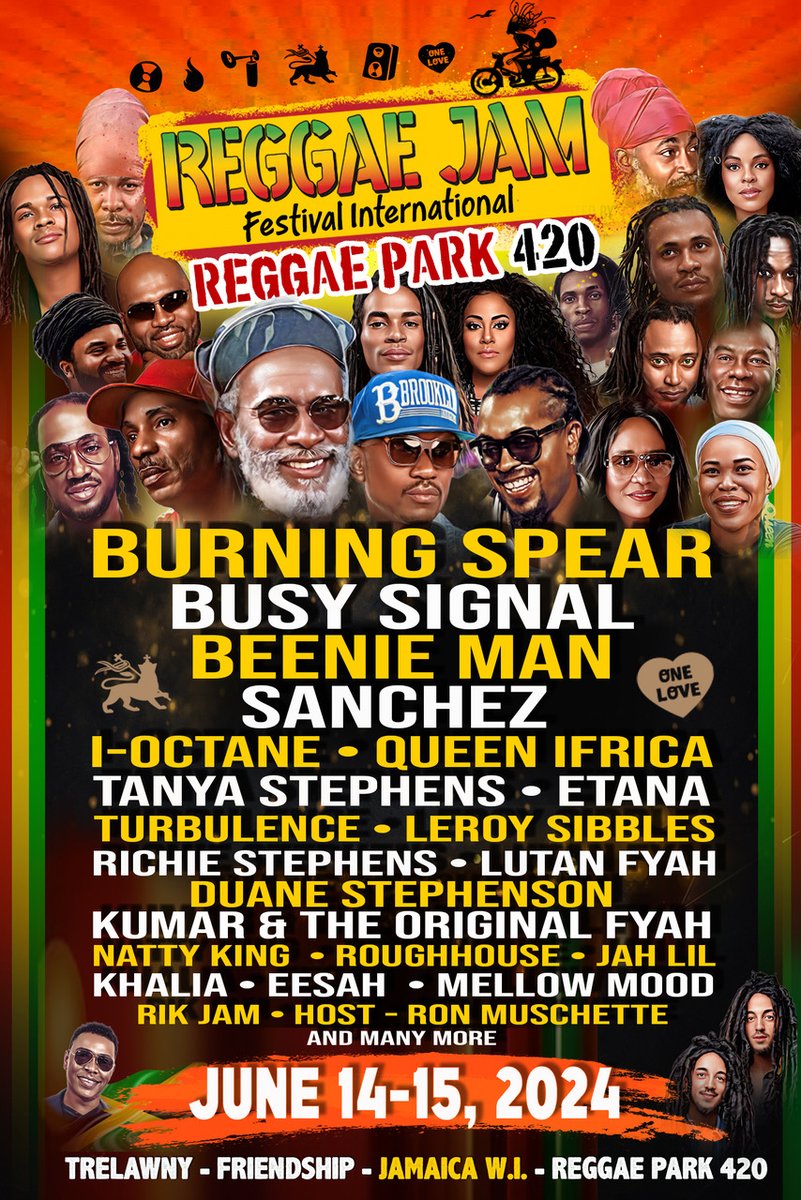 reggaeville's tweet photo. Festival Agenda 2024 @ https://t.co/HdsahPCMJr
REGGAE JAM Festival International 2024 in JAMAICA @ Reggae Park 420
#ReggaeJamFestivalInternational #ReggaeJam #Reggaeville #ReggaeFestivals https://t.co/rI5utLVnN1