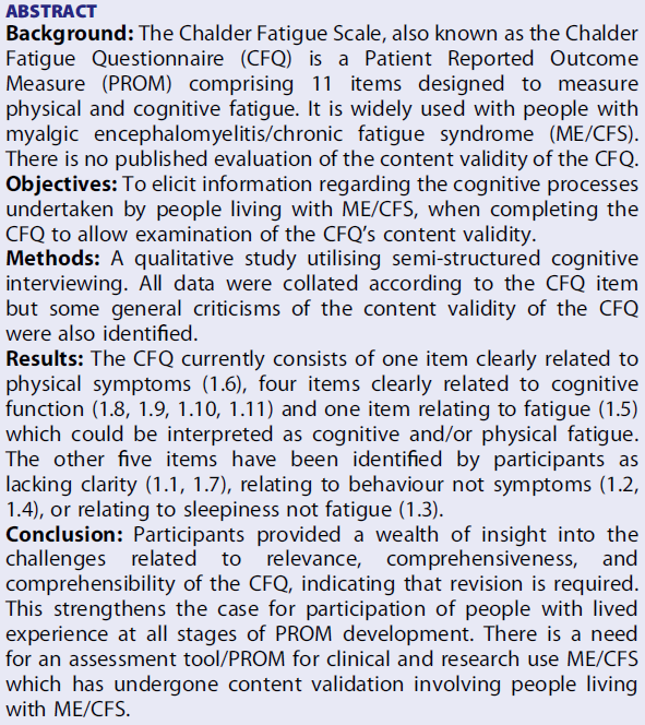 New: Exploring the content validity of the Chalder Fatigue Scale using cognitive interviewing in an ME/CFS population Free tandfonline.com/doi/full/10.10… Looks like it may make useful points on this (flawed) instrument & designing questionnaires in general for #MECFS & similar #PwME