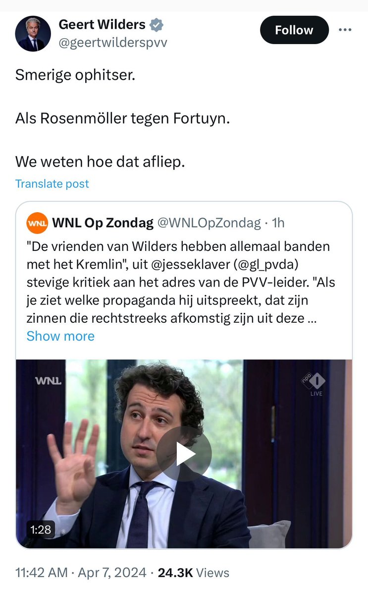 En de volgende opruiende tweet van Geert Wilders. Jesse Klaver houdt zich gewoon aan de feiten en dan komt Wilders weer met het verzinsel over Rosenmöller. De man kan niet tegen kritiek. Overigens is hij Breivik al weer vergeten. We weten hoe dat afliep.
#wnlopzondag #buitenhof