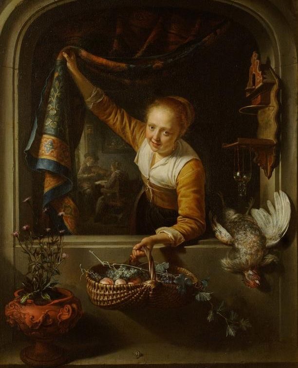 Born #otd Gerrit Dou was a Dutch 17th-century painter. This beautiful painting hangs in the Morning Room alongside other works by Dutch masters such as Pieter de Hooch, Gerard ter Borch and Gabriel Metsu. 🖼️Gerrit Dou, A Girl with a Basket of Fruit at a Window, 1657