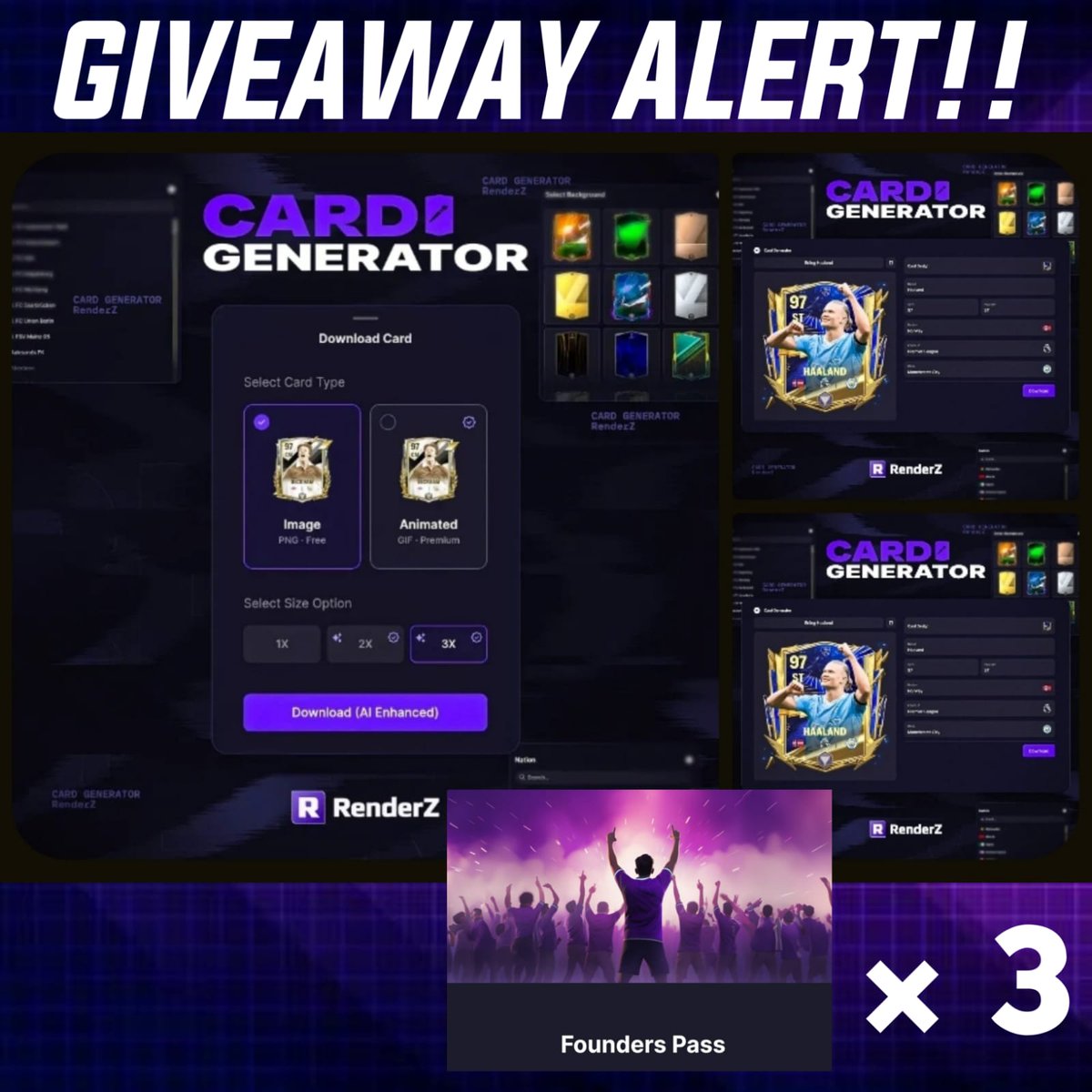 3x RenderZ '1 Year' Premium Founders Pass Giveaway Follow @RaiHarshit2 & @fifarenderz Retweet 🔁 Drop your own customised Card in Comments renderz.app/24/card-genera… 3 Random Unique Cards will be selected as Winners on 10th April, Good luck everyone