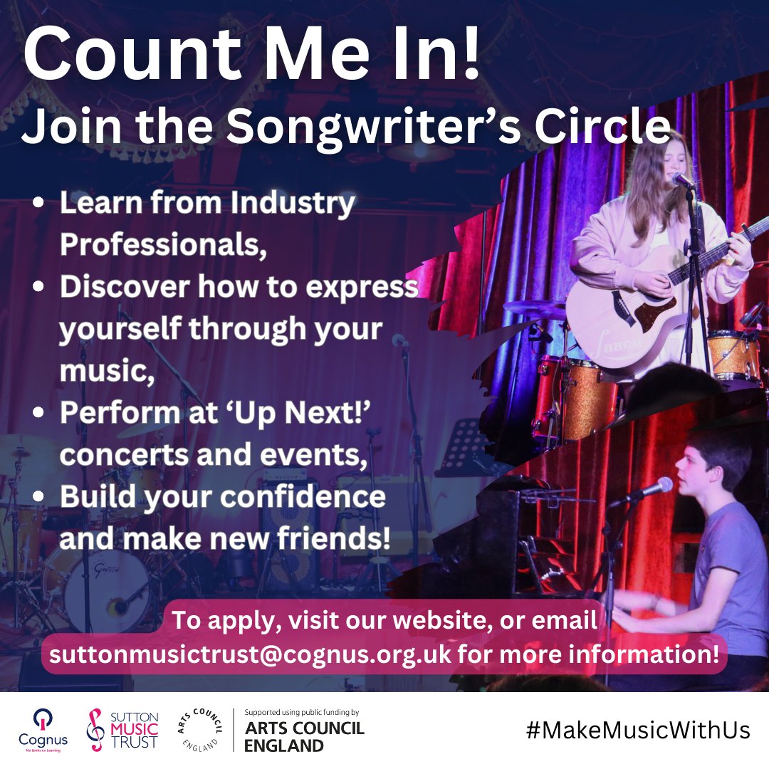 Songwriter's Circle is back! This is the perfect course for budding composers and lyricists of all ages. Sessions are held on Wednesday evenings, 6pm, in Wallington. To apply, visit our website or email suttonmusictrust@cognus.org.uk for more information. #MakeMusicWithUs