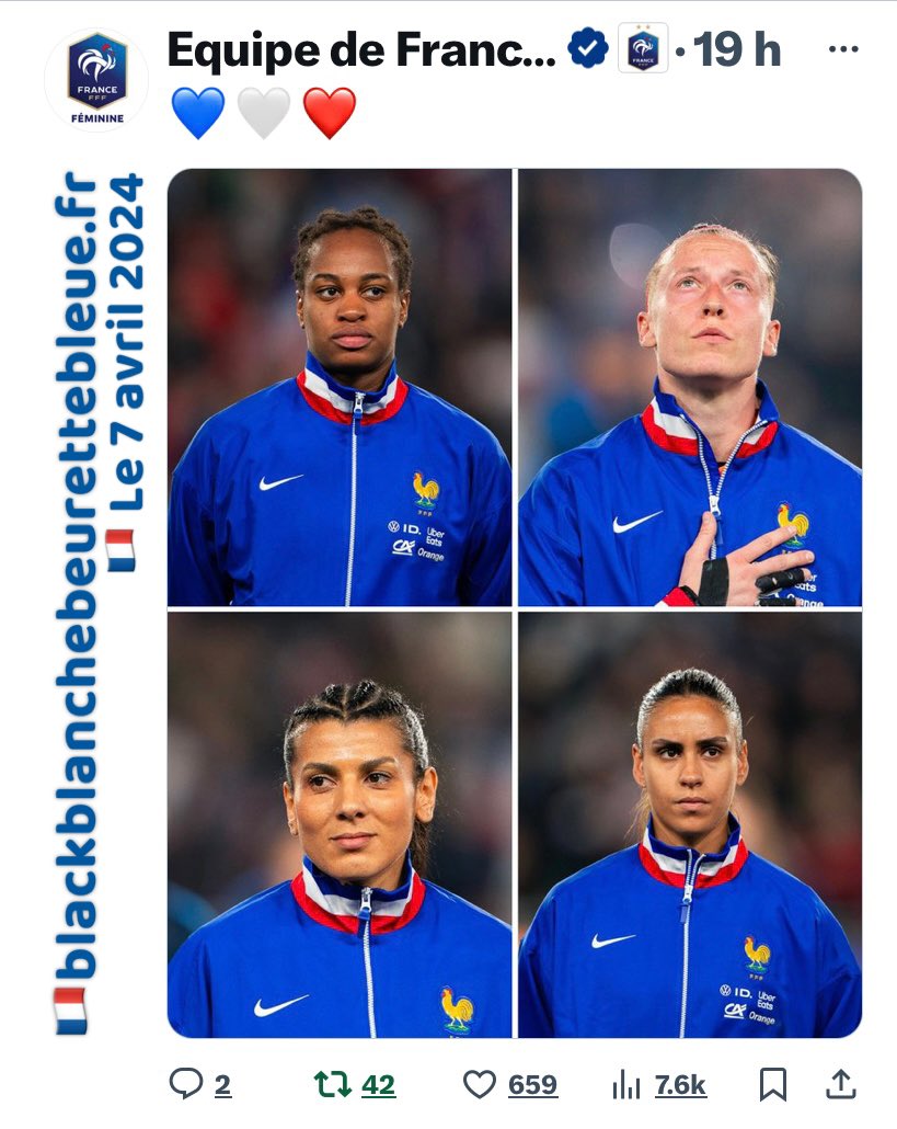 Le 8 avril 2024
Sainte 🇧🇪 Julie 

🇫🇷 Notre 🇫🇷 #équipenat 

🇫🇷⚽️👩🏾‍🦱👩🏼‍🦱👩🏻‍🦱⚽️🇫🇷

lors de 🇫🇷 notre hymne national d’avant ⚽️match 

1️⃣ République 
1️⃣ Drapeau 
1️⃣ langue 
1️⃣ Équipe 
1️⃣ seule couleur, celle du maillot 

🔵⚪️🔴 #Marquerdemain 
#bleucollectif 
#djmas 
#bleue 

#D1Arkema