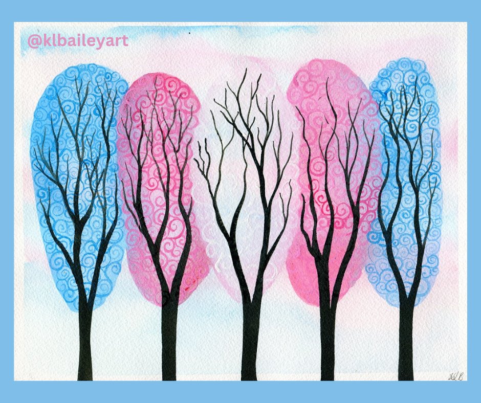 Latest in my new series of paintings of trees in my signature swirly style inspired by the colours of pride flags.  This one is the Trans pride flag.  #watercolourpainting #prideflagart #pride  #swirlytrees #prideflags #modernart #swirlytrees #trans #transpride #transprideflag