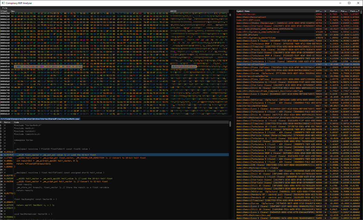 We've released the tool that made Clean Slate possible. This thing allows us to track where every byte from the source executable ends up in the compressed 64k release, even having the option to annotate the contents of the embedded project file. github.com/ConspiracyHu/k…