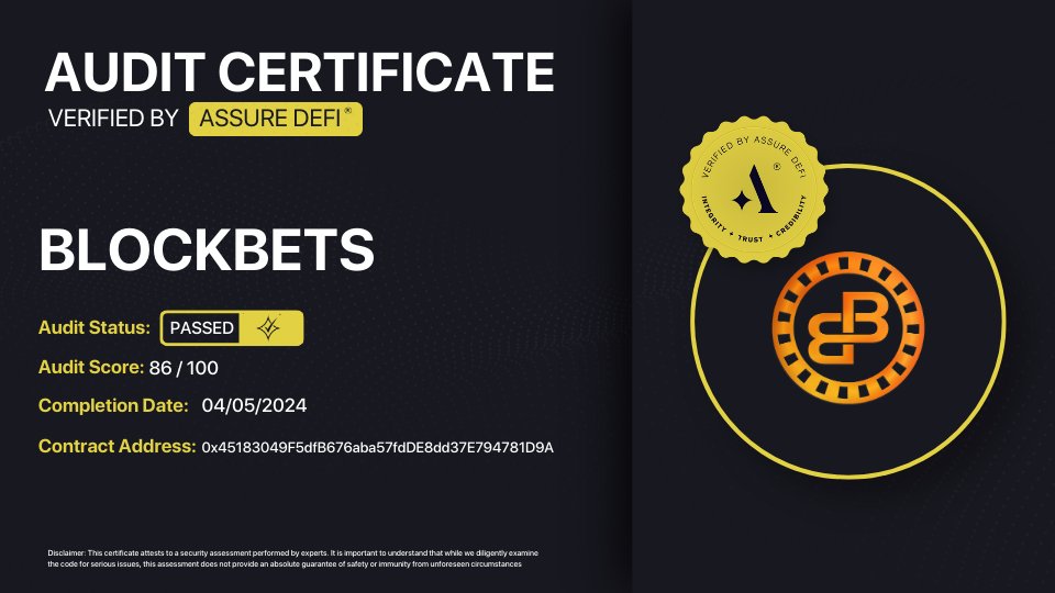 Assure DeFi (@assuredefi) on Twitter photo We are happy to announce that BLOCKBETS has Completed the Audit for their SmartContract ✨✅
<a href="/BlockBetsCasi/">BlockBets Casino</a> I $BBETS
Casino | Sportsbook | Poker | PVP Originals | More... Redefining the crypto gaming landscape! 5 different ways to earn. Join the revolution now! We are happy to announce that BLOCKBETS has Completed the Audit for their SmartContract ✨✅
<a href="/BlockBetsCasi/">BlockBets Casino</a> I $BBETS
Casino | Sportsbook | Poker | PVP Originals | More... Redefining the crypto gaming landscape! 5 different ways to earn. Join the revolution now!