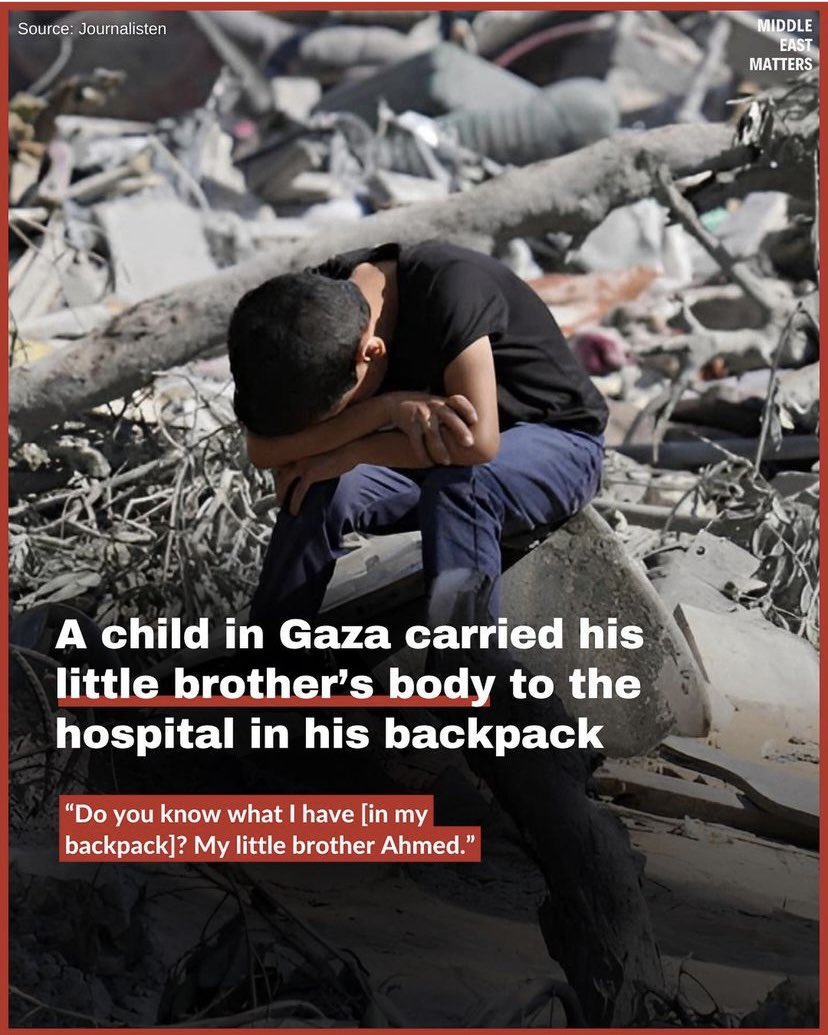 Filistinli gazeteci Youmna el-Sayed, Gazze’deki Nasır Hastanesinin yakınlarında 11-12 yaşlarında bir çocuğun yüzünün morluklar içinde olduğunu ve taktığı sırt çantasından kanlar aktığını gördü. Bunun üzerine doktor çantayı açtı ve içerisinden küçük çocuğun kardeşinin cesedi…