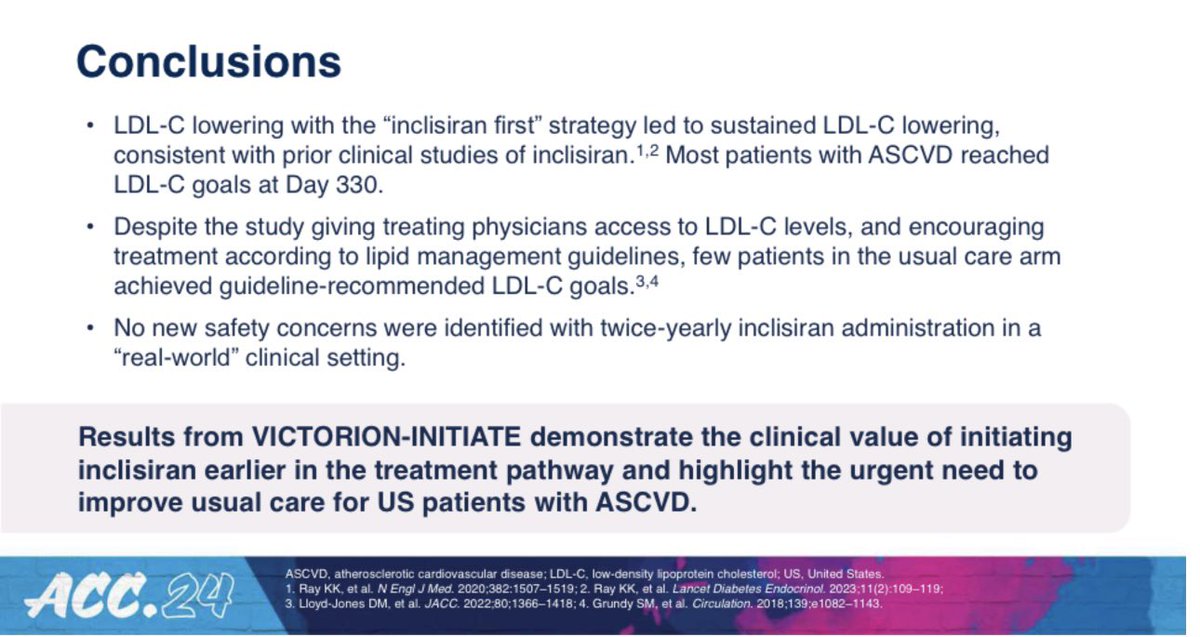 #ACC24 VICTORION-INITIATE Trial 🫀Pt with ASCVD, Max tol statin +LDL>70 randomized to #inclisiran 1st strategy🆚 UC 🫀Inclisiran 1st: more effective than UC practices at absolute LDL-C ⤵️ & achieving guideline-recommended LDL 🫀UC: few patients got to target LDL goal😢 🫀<1/3 💃🏻