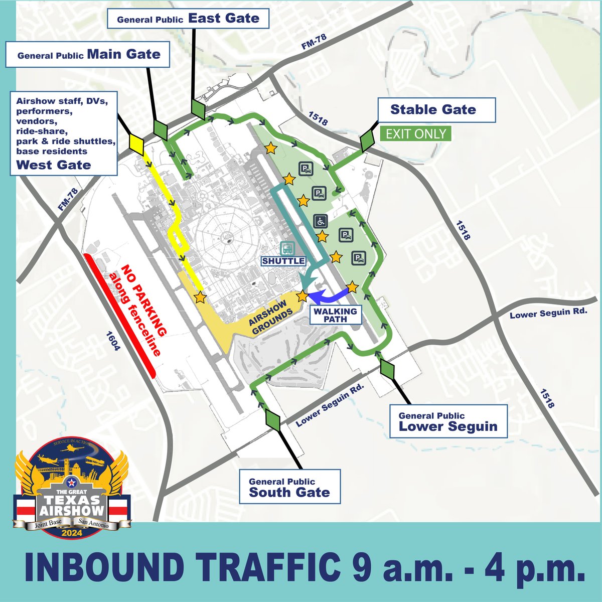 For those heading in this morning, here's a map for the inbound visitors- please note that the South Gate off Lower Seguin Road was generally the less busy option. Safe driving! #GreatTexasAirshow