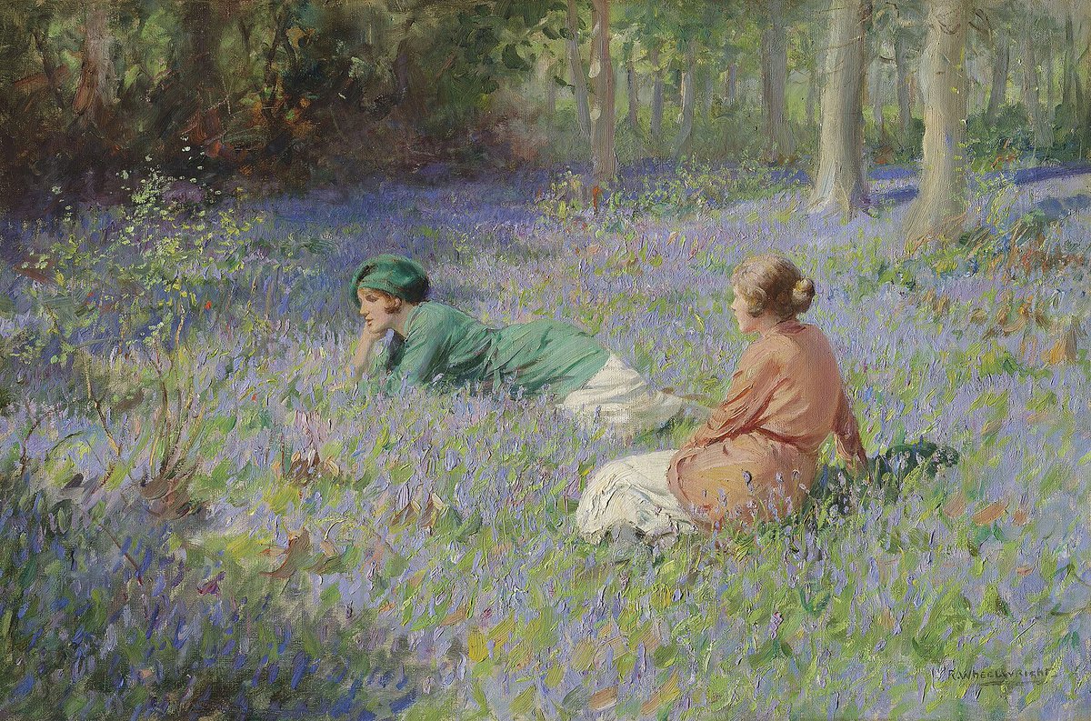 Bluebells and fairies go hand-in-hand in British folklore, growing in woods intricately woven with their magic. So beware when picking these flowers—fairies might led you astray, lost in their woods forevermore! 🎨R. Wheelwright #FolkloreSunday #DailySpookLore #31DaysOfHaunting