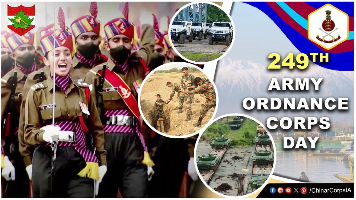 “शस्त्र से शक्ति” #ChinarCorps extends warm greetings to all ranks, veterans & families of Army Ordnance Corps on the occasion of 249th Raising Day. We salute & remember our ‘fallen heroes’ who made the supreme sacrifice in line of duty. #Kashmir @adgpi @NorthernComd_IA