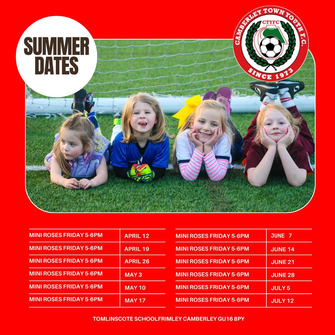Our Mini Roses are returning this summer! This are fun and welcoming sessions aimed for any girls in years R-3 who is new to football. Sign up today ⚽️ 

#surreyfootball #Girlsfootball #Scwgl #camberley #localfootball
