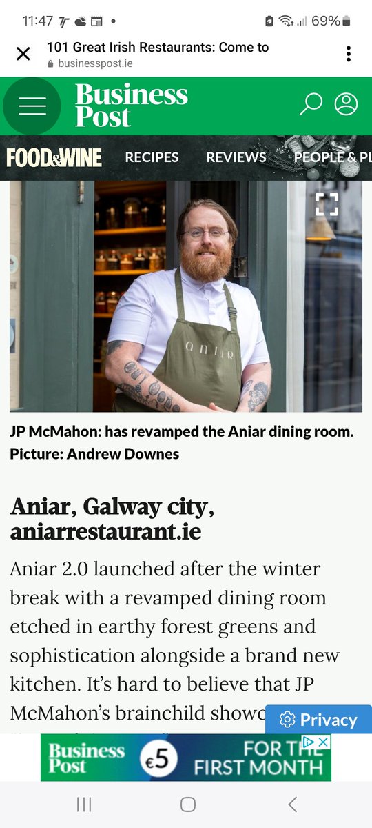 Thanks @businessposthq and @gnelis for including @aniargalway in the 101 best restaurants in Ireland #thisisIrishfood #newirishcuisine