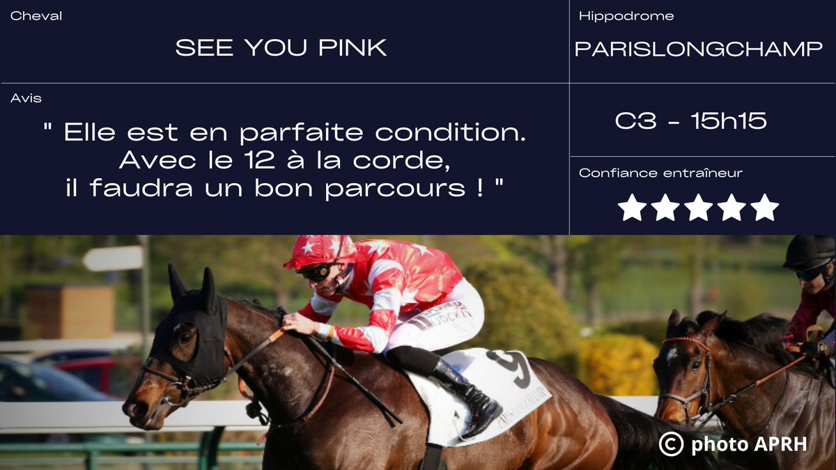 #ParisLongchamp 1⃣ partante

⭕️ Super Handicap de Réouverture #Quinté
🐴 SEE YOU PINK
🧑🏻‍✈️ @AugustinMadamet