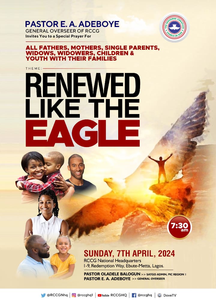 It has pleased the Lord for us to see the first Sunday in this new month of April, join me in giving full thanksgiving to God this morning. 

April 2024 Thanksgiving Service 
#RenewedLikeTheEagle