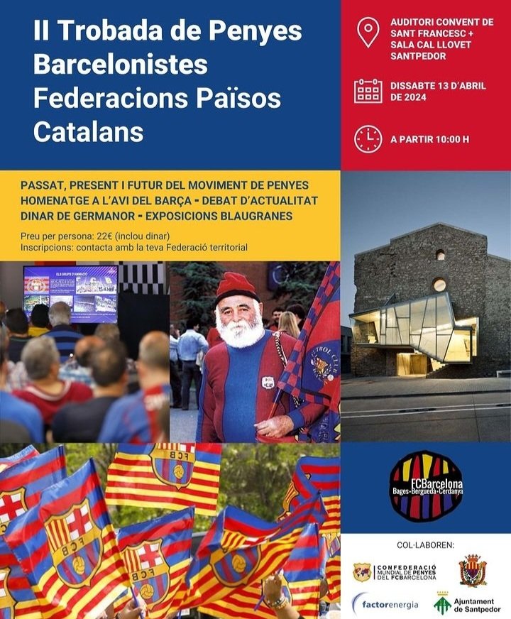 La nostra Penya estarà present el pròxim dissabte a Santpedor,a la II Trobada de Penyes Barcelonistes Federacions Països Catalans,amb un gran homenatge a l'Avi del Barça!!!!
@ConfePenyesFCB