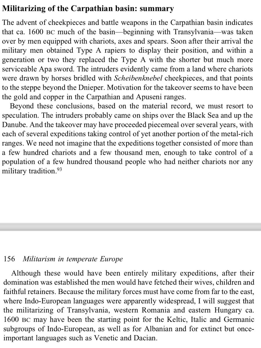 Thread on Robert Drews most recent book on arrival of militarism in Europe and relationship to Indo-Europeanization. This will be just on changes in Carpathians around 1600-1500 BC; let’s start with the summary…Drews sees Carpathians as point of first arrival for IE in Europe