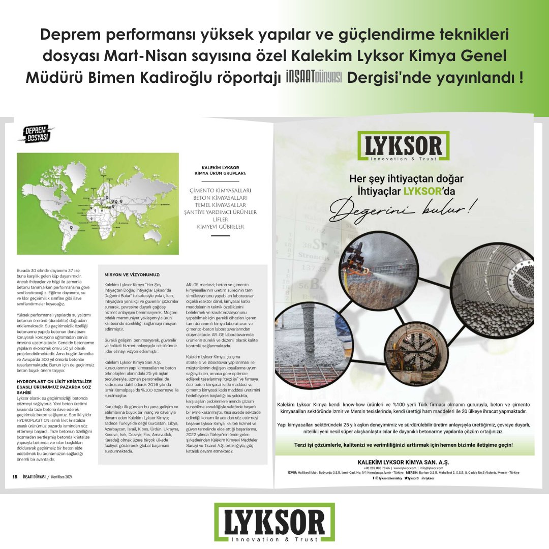 İnşaat Dünyası Dergisi'nin Mart-Nisan sayısında yer alan Deprem performansı yüksek yapılar ve güçlendirme teknikleri dosyasında Kalekim Lyksor Kimya Genel Müdürü Bimen Kadiroğlu'nun röportajına yer verildi.

 #röportaj #dergi #basın #basınyayın #innovation
#concreteadmixtures