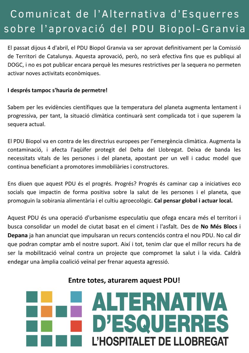 AE_LHospitalet's tweet photo. Comunicat de l'Alternativa d'Esquerres sobre l'aprovació del #PDUBiopol
#LHospitalet #LHospitaletQueLluita #LHospitaletDeLlobregat
#StopPDUBiopol #ProuCiment https://t.co/hwpnfyQWJE