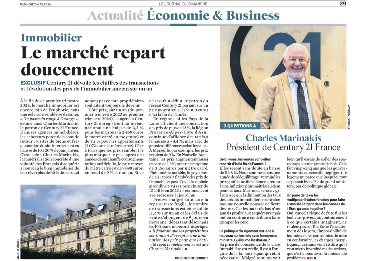 'On passe du rouge à l'orange' @CFMARINAKIS, Président de Century 21 France, dévoile les chiffres des transactions et de l'évolution des prix sur un an dans @leJDD Vous conseiller et vous informer, même le dimanche on ne débranche pas !