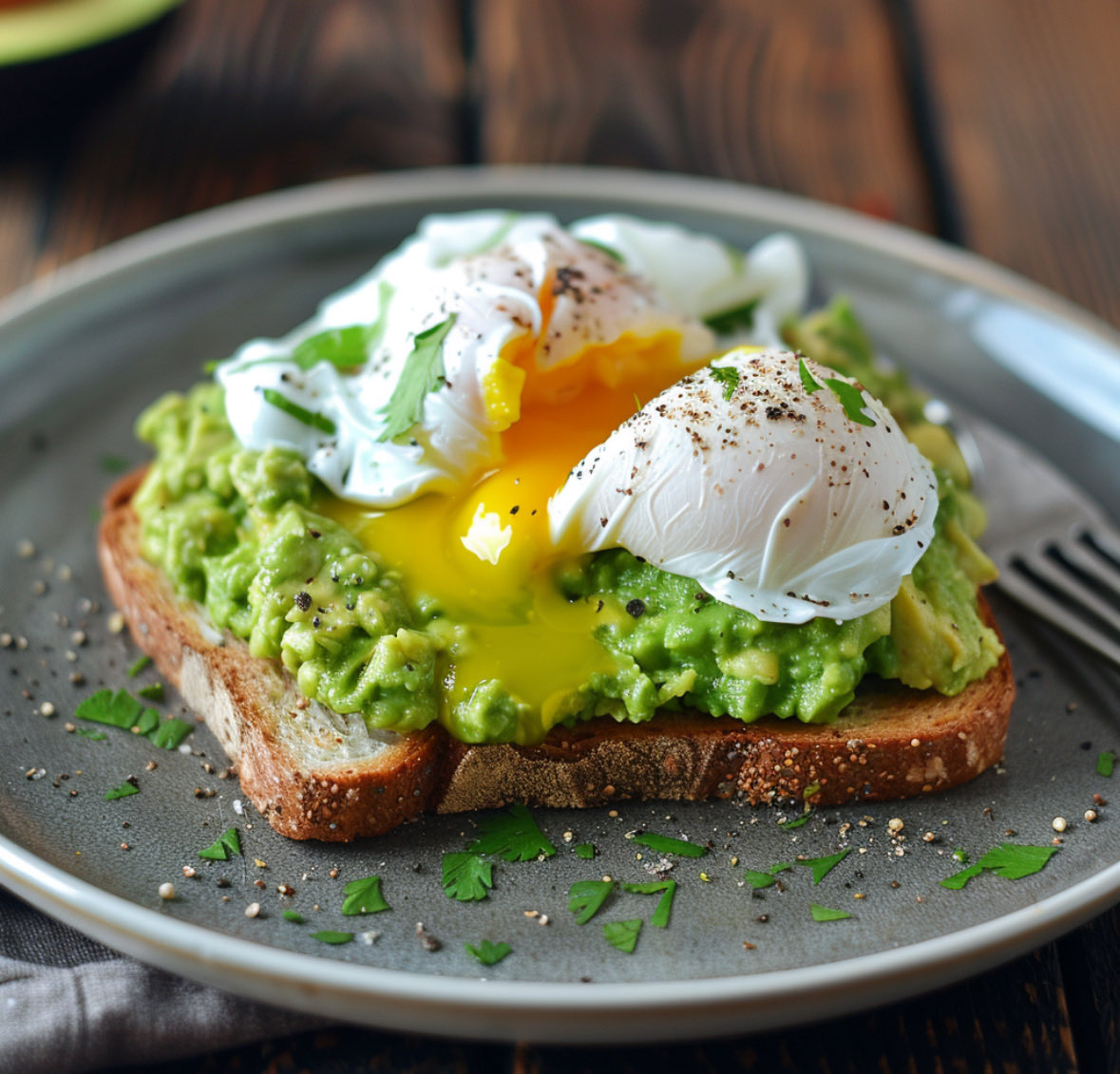 Avocado Toast with Poached Egg is a trendy, healthy breakfast choice, combining creamy avocado spread on toasted bread topped with a perfectly poached egg. It’s a simple yet satisfying meal that’s great for starting the day. #BreakfastGoals 🍳

Ingredients:

•2 slices of