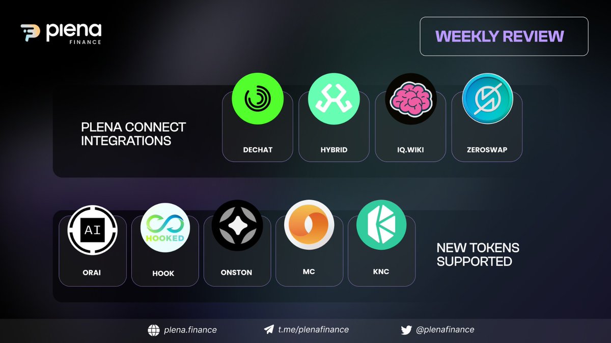 This week marks another milestone for Plena with 4 projects integrating Plena Connect into their platforms, elevating your experience in the Web3 space 🌎

We've also expanded our #PlenaCryptoSuperApp lineup with 5 new tokens, streamlining swaps with just a single TAP

⬇️