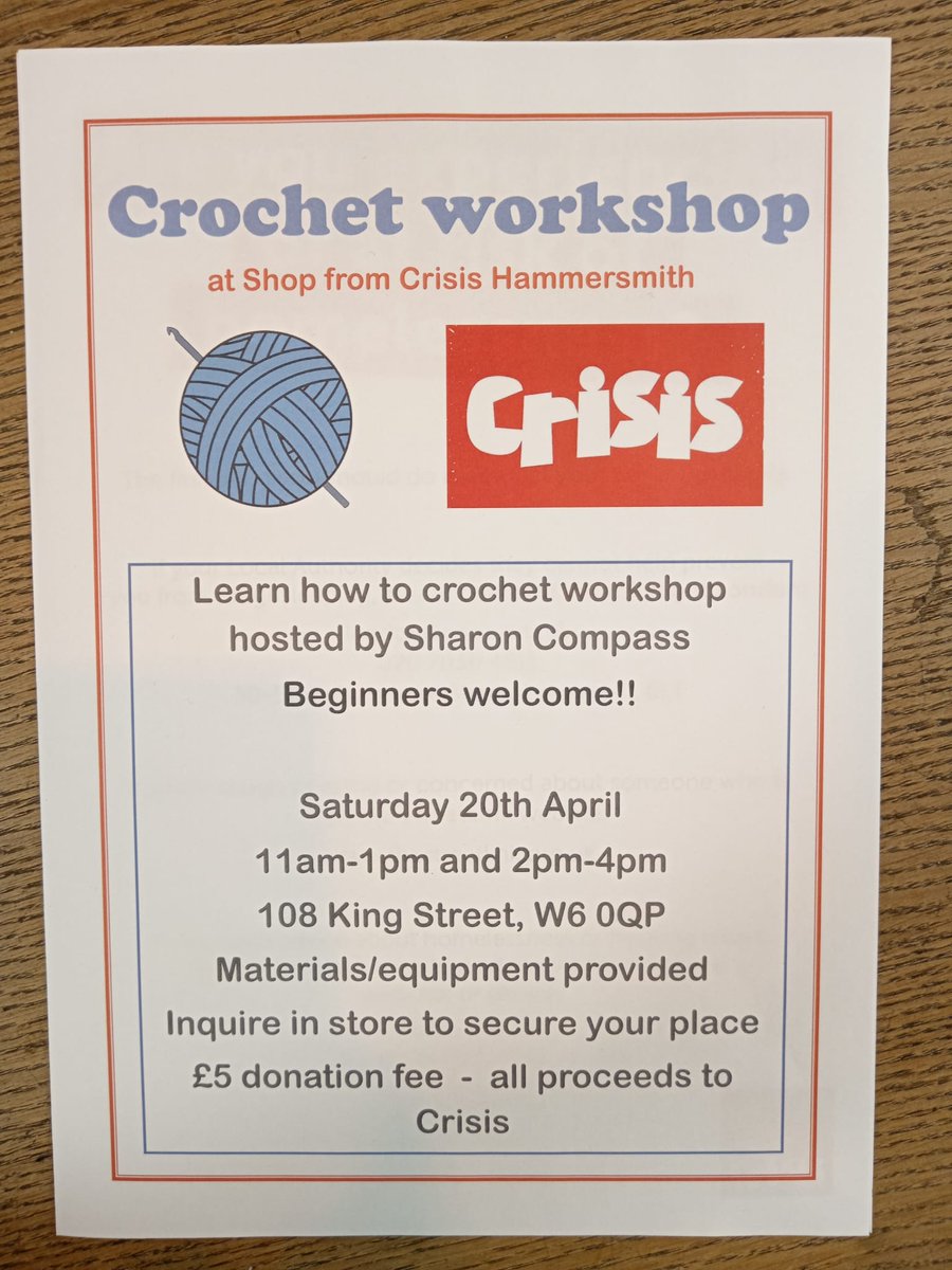 The @crisis_uk shop in Hammersmith, where I volunteer, is hosting a crochet workshop on April 20th. Join us for a fun time learning something new in great company. Swing by the shop to snag your spot!