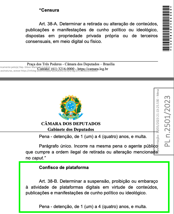 Acabo de protocolar a urgência do PL 2501/2023, nosso projeto Anti-Censura que prevê a detenção de quem derrubar posts ou plataformas por opiniões políticas no Brasil.

Este projeto foi apresentado no ano passado com a assinatura de 57 deputados. Agora, chegou a hora de pautá-lo.