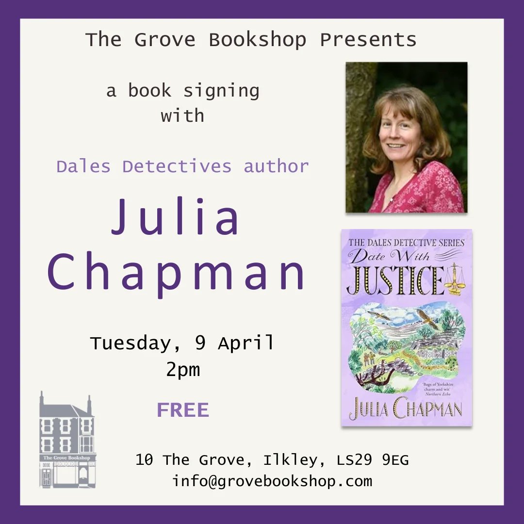 We're looking forward to seeing Julia Chapman this coming Tuesday. Julia, author of the popular Dales Detectives series, will be in the shop from 2pm signing copies of her brand new book, Date with Justice. No need to book - just come along! #booksigning #ilkley #juliachapman