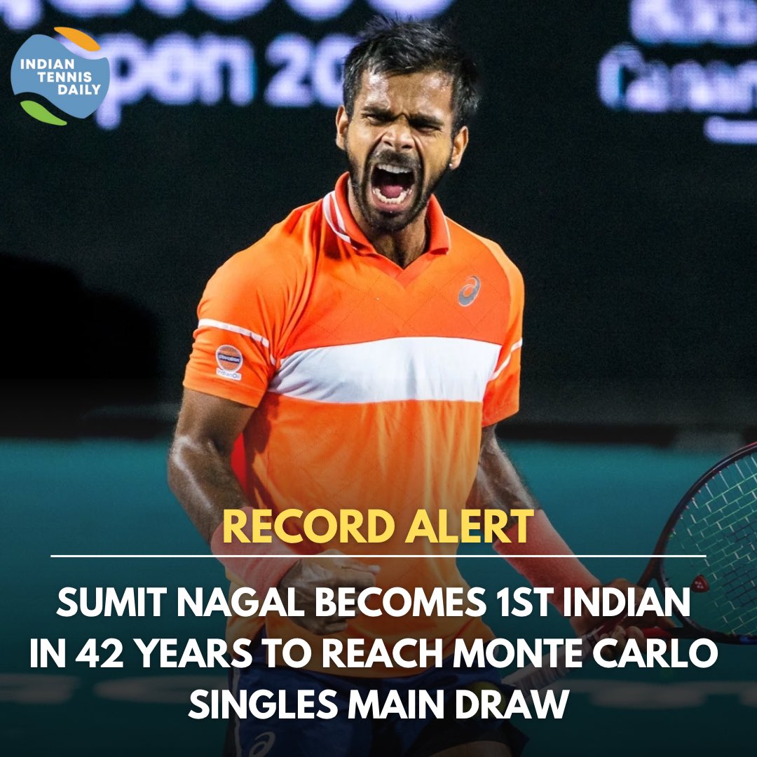 NAGAL BECOMES FIRST INDIAN IN 42 YEARS TO REACH MONTE CARLO MAIN DRAW 🙌🏽 @nagalsumit scripted history as he beat 55th ranked Diaz Acosta 🇦🇷 in the final qualifying round at the Rolex Monte Carlo Masters The last Indian to play in the Monte Carlo main draw was Ramesh Krishnan in…