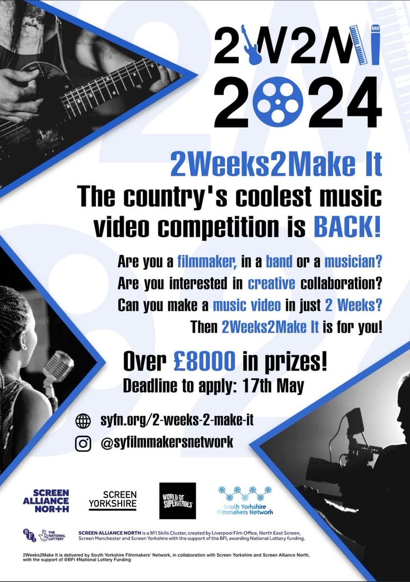 Apply now to #2Weeks2Make ! It is back for 2024 and the competition is bigger and better than ever, with over £8000 worth of prizes to be won! Can you make a music video in just two weeks? Deadline: 17th May Apply 👉 bit.ly/4aJ5PJV