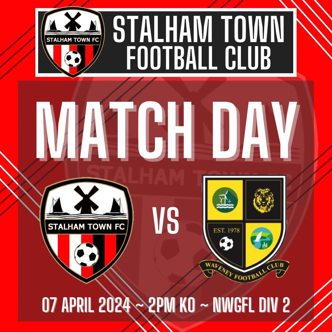 🔴 Match Day 🔴 
🆚 Waveney Ladies 
⏰ 2pm KO
📍 Stalham Recreation Ground. NR12 9BH. 
#STFC #thereds #stalhamtownfc