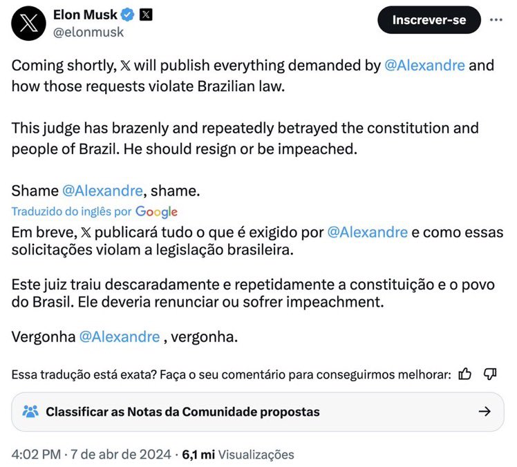GugaNoblat's tweet image. Musk segue com seu bate e assopra. Uma hora diz que não vai aceitar mais ordem da justiça brasileira, depois o X afirma que buscará contestar as decisões do Xandão na própria justiça. Agora volta a dar uma de brabão e ameaça revelar as solicitações exigidas pelo Xandão. E ainda…