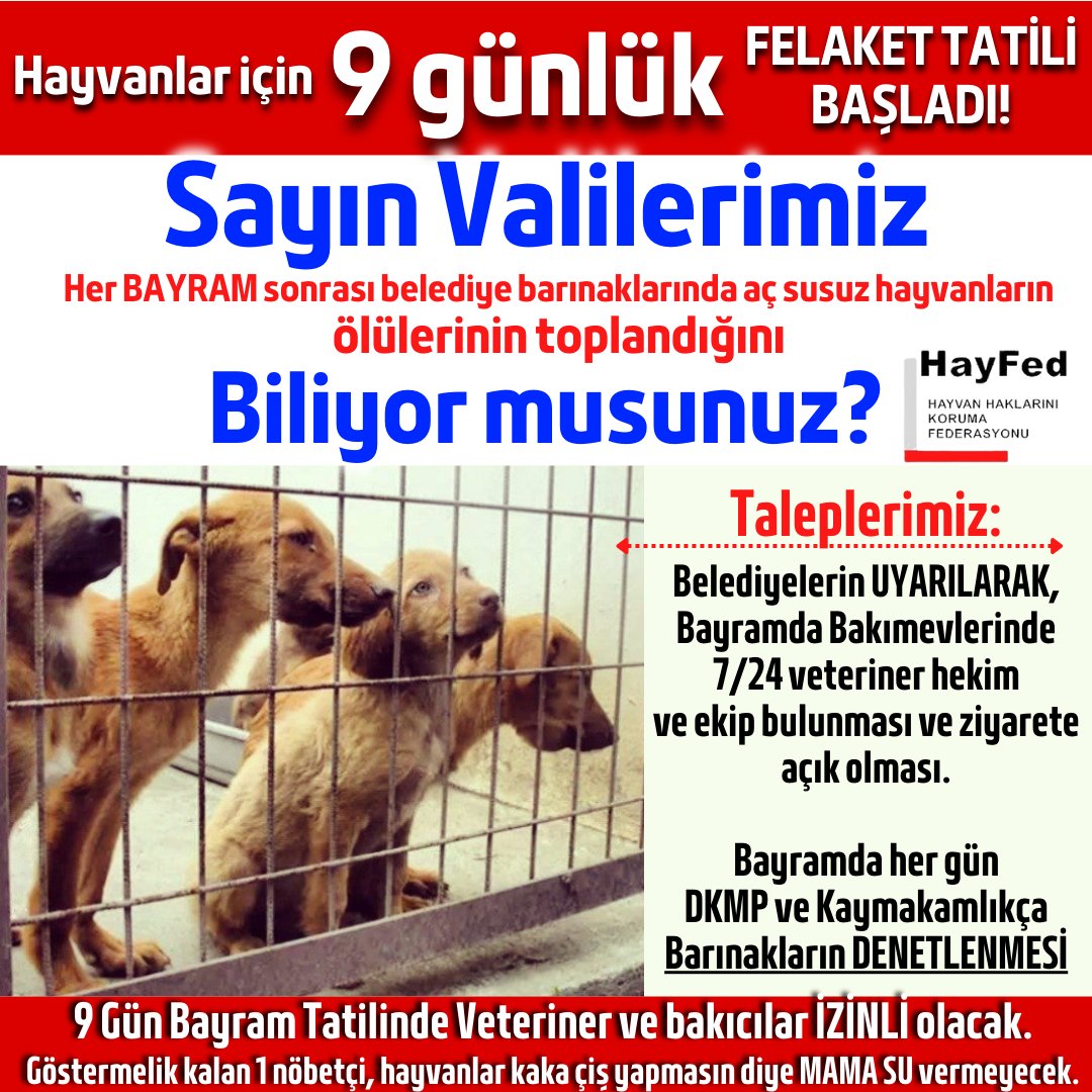 Hayvanlar için 9 günlük FELAKET TATİLİ BAŞLADI! Sayın Valilerimiz, her BAYRAM sonrası belediye barınaklarında aç susuz hayvanların ölülerinin toplandığını biliyor musunuz? Taleplerimiz: ✍️Belediyelerin UYARILARAK, Bayramda Bakımevlerinde 7/24 veteriner hekim ve ekip…