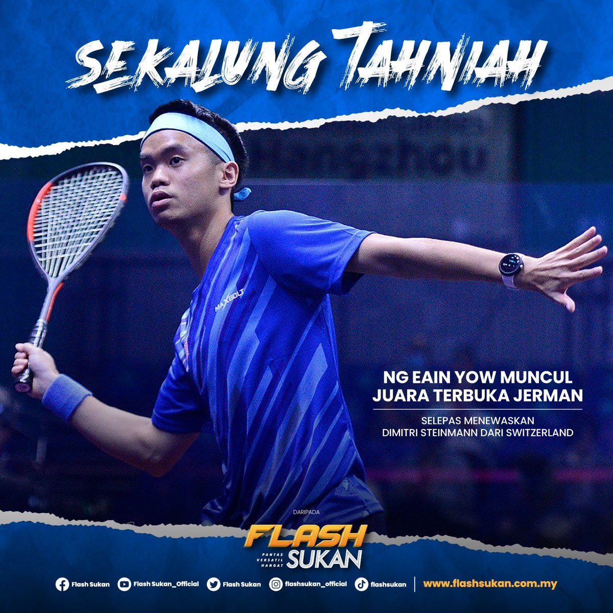FlashSukan's tweet photo. Ng Eain Yow menjuarai Terbuka Jerman atasi Dimitri Steinmann (Switzerland) 3-1 (12-10, 11-8, 10-12, 11-3) dalam masa 66 minit.
Kemenangan adalah gelaran Jelajah Dunia pertama buat Ng Eain Yow!
#ngeainyow #skuasy #squash #germanyopen #hamburg #malaysia #TeamMalaysia https://t.co/9OCk17uafu