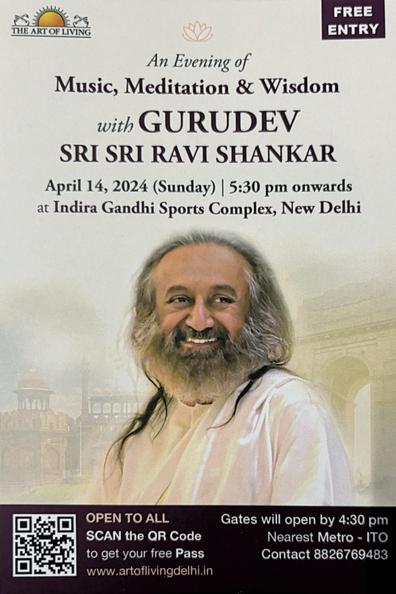 INVITATION Gurudev in Delhi! 14 April 2024 I.G .STADIUM 4:30PM