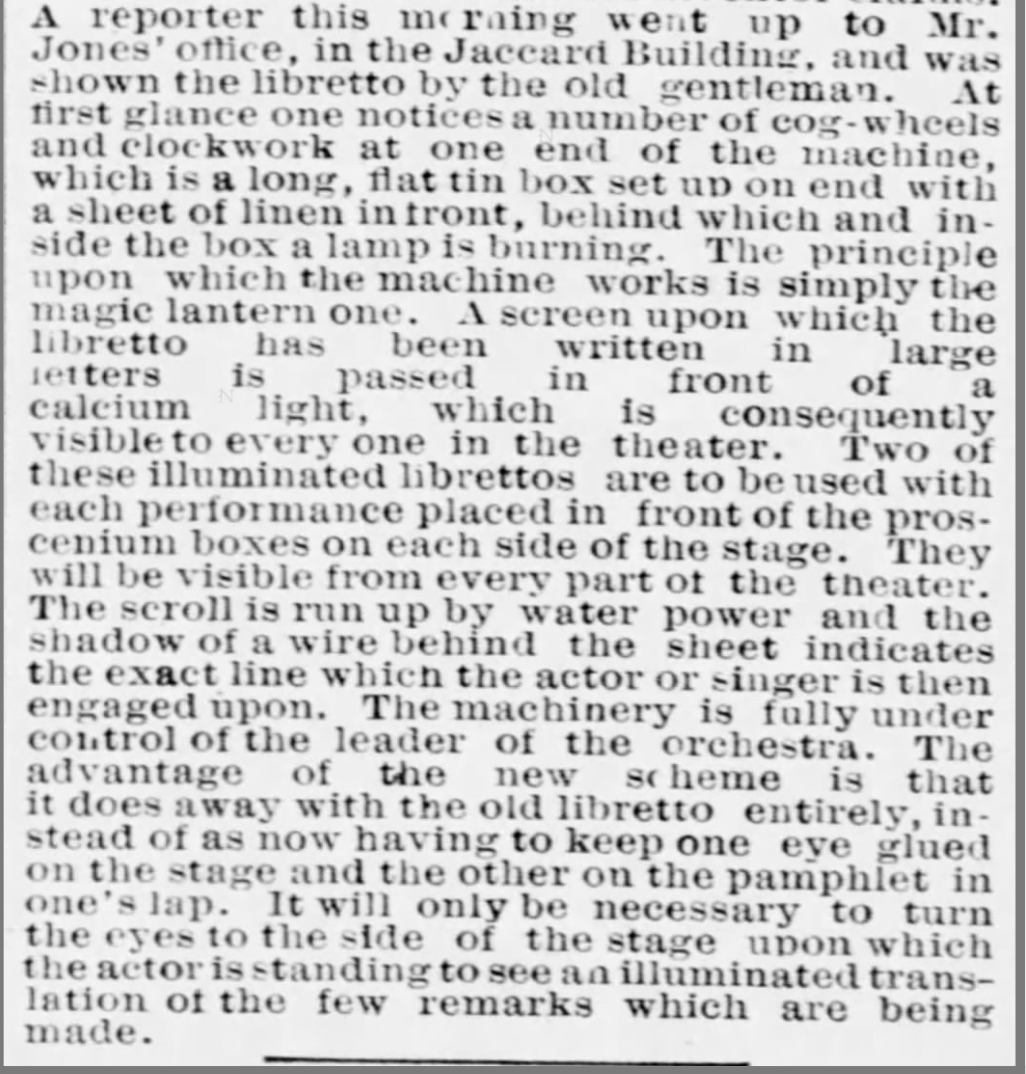 Not quite #filmtranslationhistory, but I am delighted to find this description of a stage translation machine from **1881**! Called the 'Universal Libretto' and proposed by T.L. Jones from St. Louis: #translationhistory #avtranslationhistory